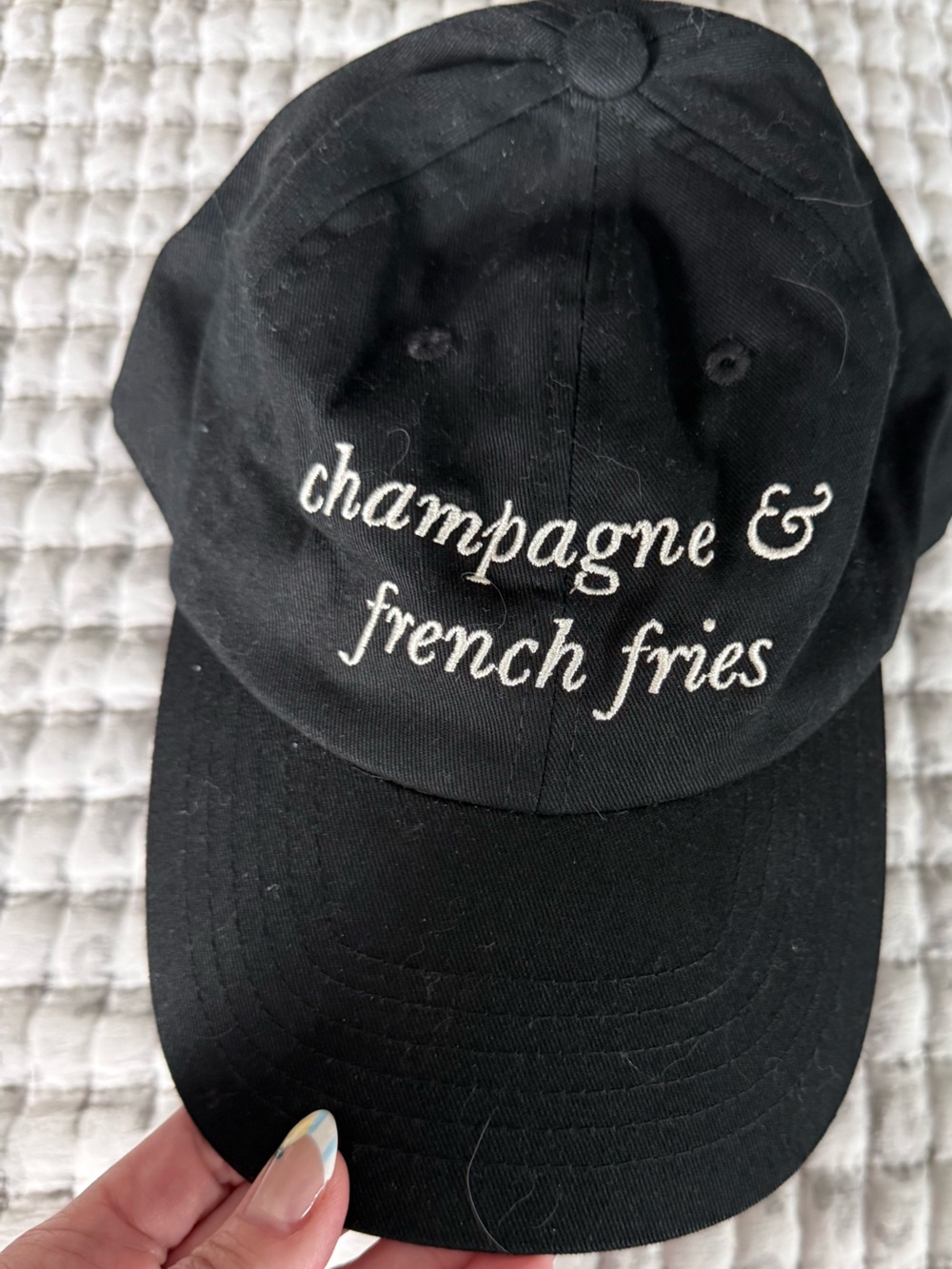 kate spade Black Baseball Cap with White Embroidered "champagne & french fries"